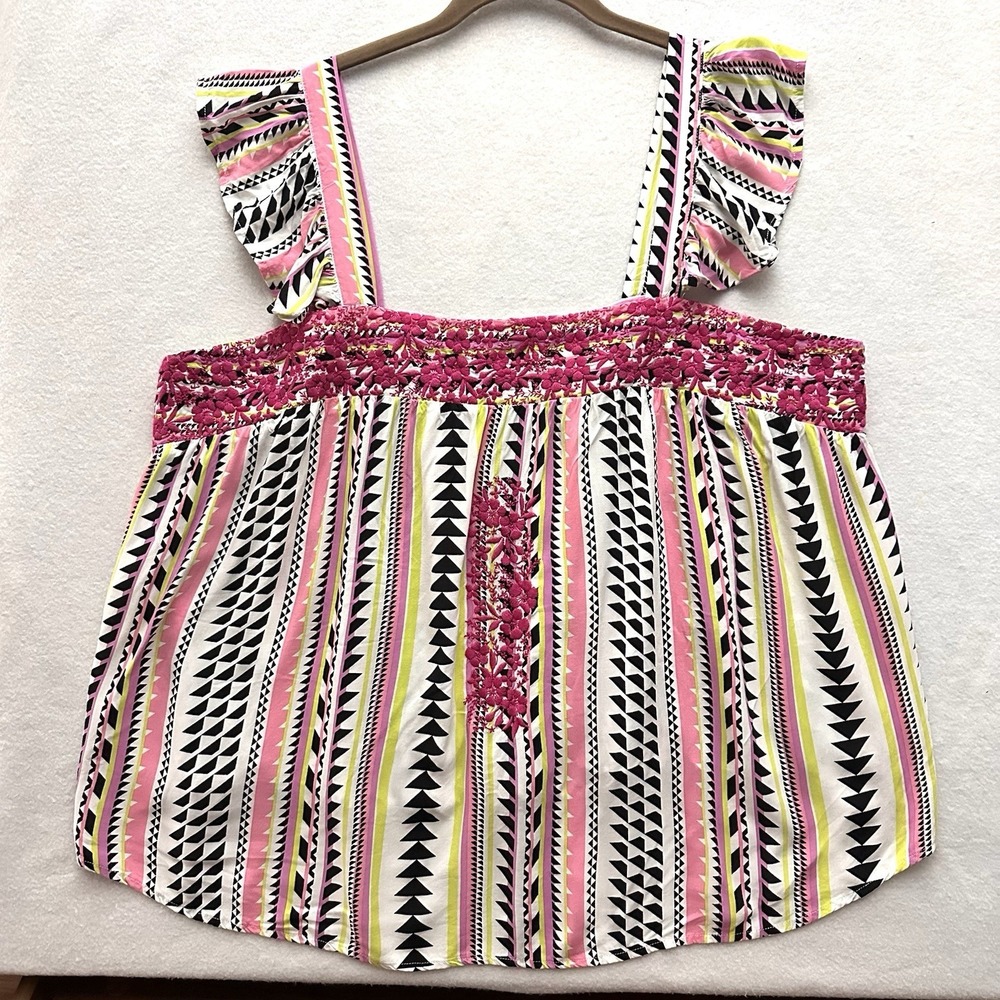 Savanna Jane 1X Embroidered Pink Tank Top Floral Bohemian Geometric Rayon - Picture 1 of 10